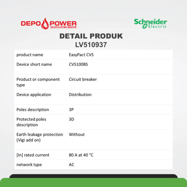 SCHNEIDER LV510937 CIRCUIT BREAKER EASYPACT CVS100BS, 25 KA AT 415 VAC, 80 A RATING THERMAL MAGNETIC TM-D TRIP UNIT, 3P 3D - Gambar 2