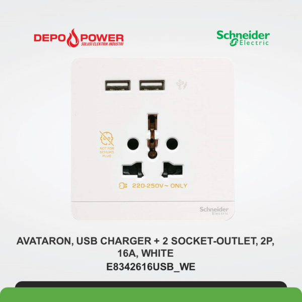 SCHNEIDER E8342616USB_WE AVATARON, USB CHARGER + 2 SOCKET-OUTLET, 2P, 16A, WHITE