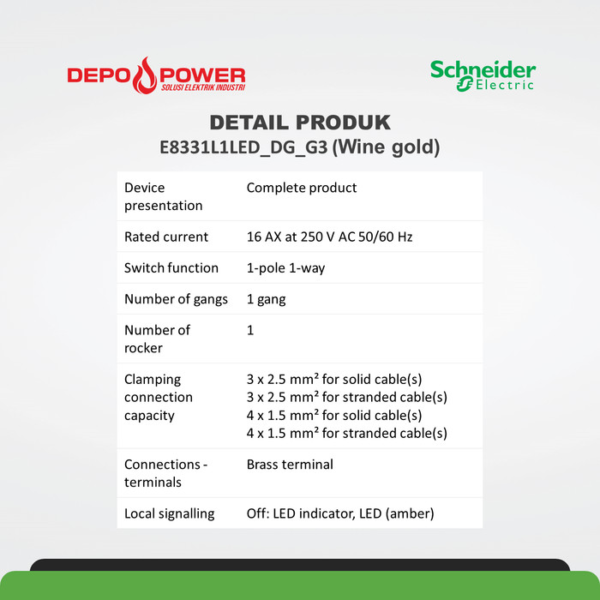 SCHNEIDER E8331L1LED_WG_G3 SWITCH, AVATARON, 1-POLE 1-WAY, LED, BRASS TERMINAL, IP20, WINE GOLD - Gambar 2
