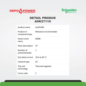 SCHNEIDER MINIATURE CIRCUIT BREAKER - IK60N - 1P - 10A - C CURVE A9K27110